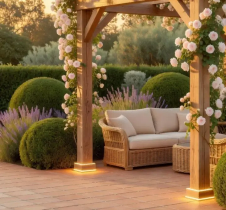 Ogród z pergolą obfitującą w pnące róże i wybrukowanym tarasem w odcieniach terakoty