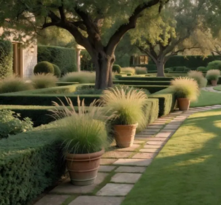 Widok na metropolitalny ogród z zielonymi rabatami i nowoczesną architekturą