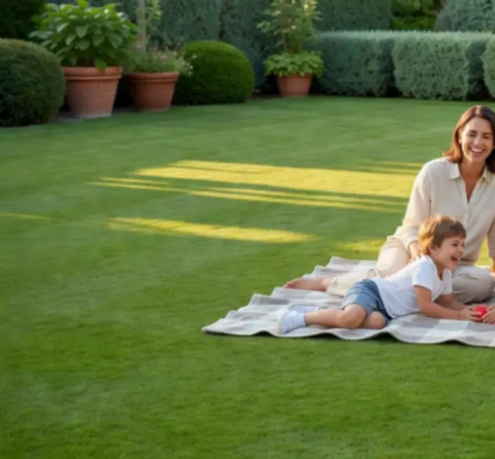 Rodzina korzystająca z pięknie utrzymanego trawnika