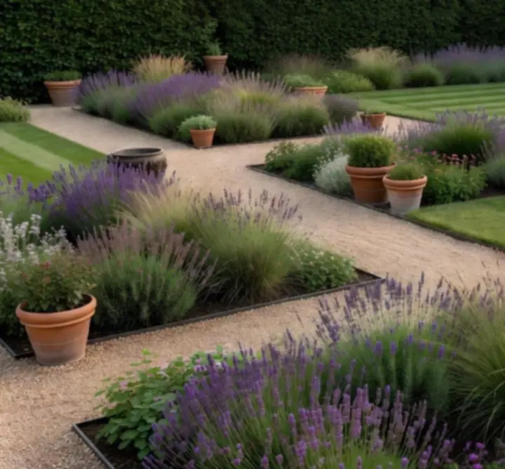 Geometryczne rabaty bylinowe w ogrodzie rezydencji w Wilanowie z grabowym żywopłotem